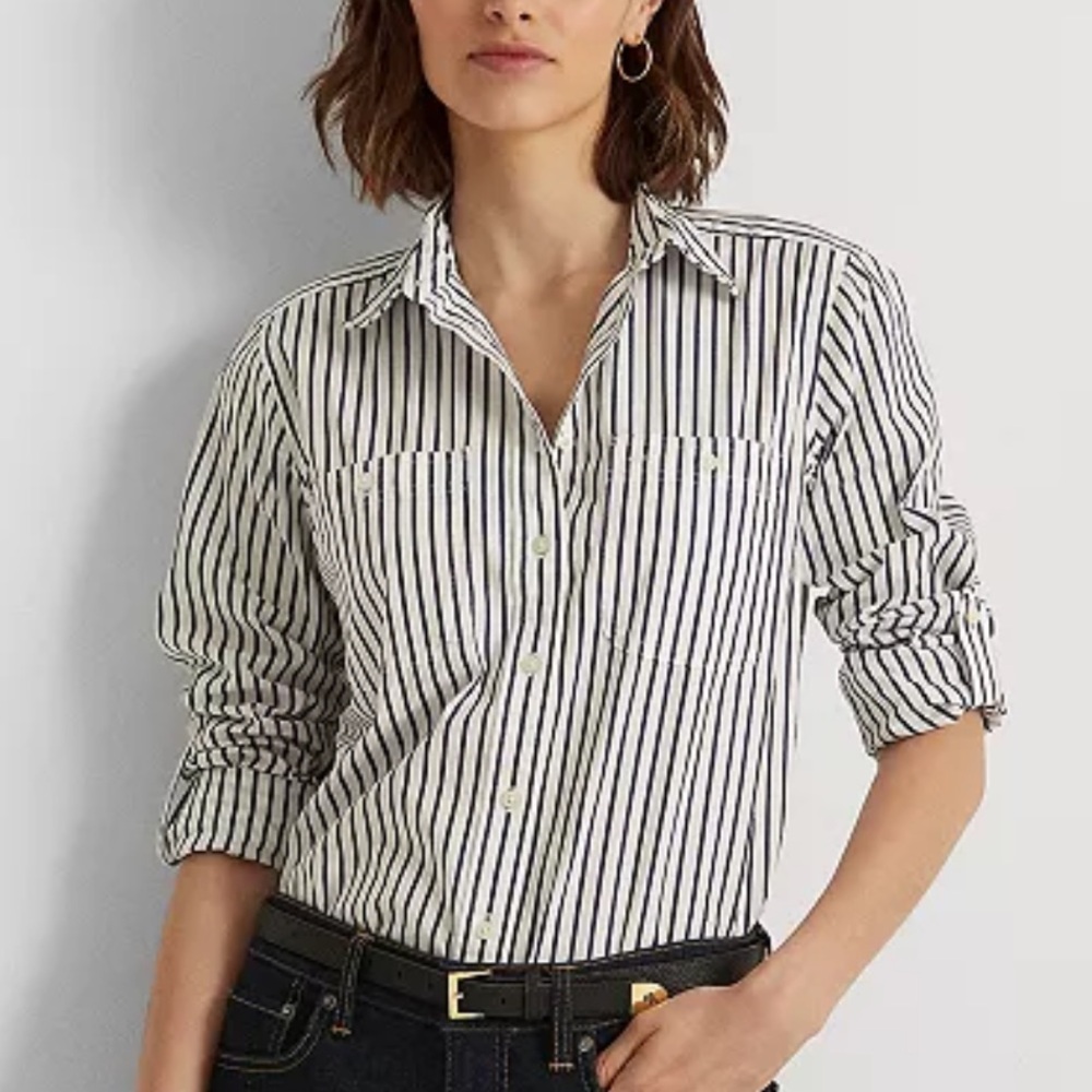 Lauren Ralph Lauren Navy and White Striped Button-Down Shirt S New